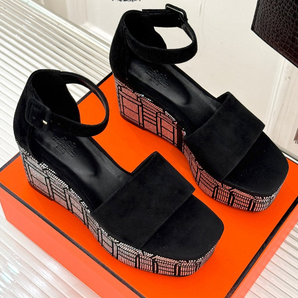 HERMES ILLUSION 35 SANDAL IN BLACK SUEDE WITH RHINESTONE DETAILS