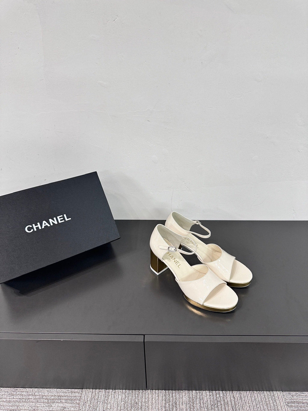 CHANEL BLOCK HEEL SANDALS WHITE SHEEPSKIN
