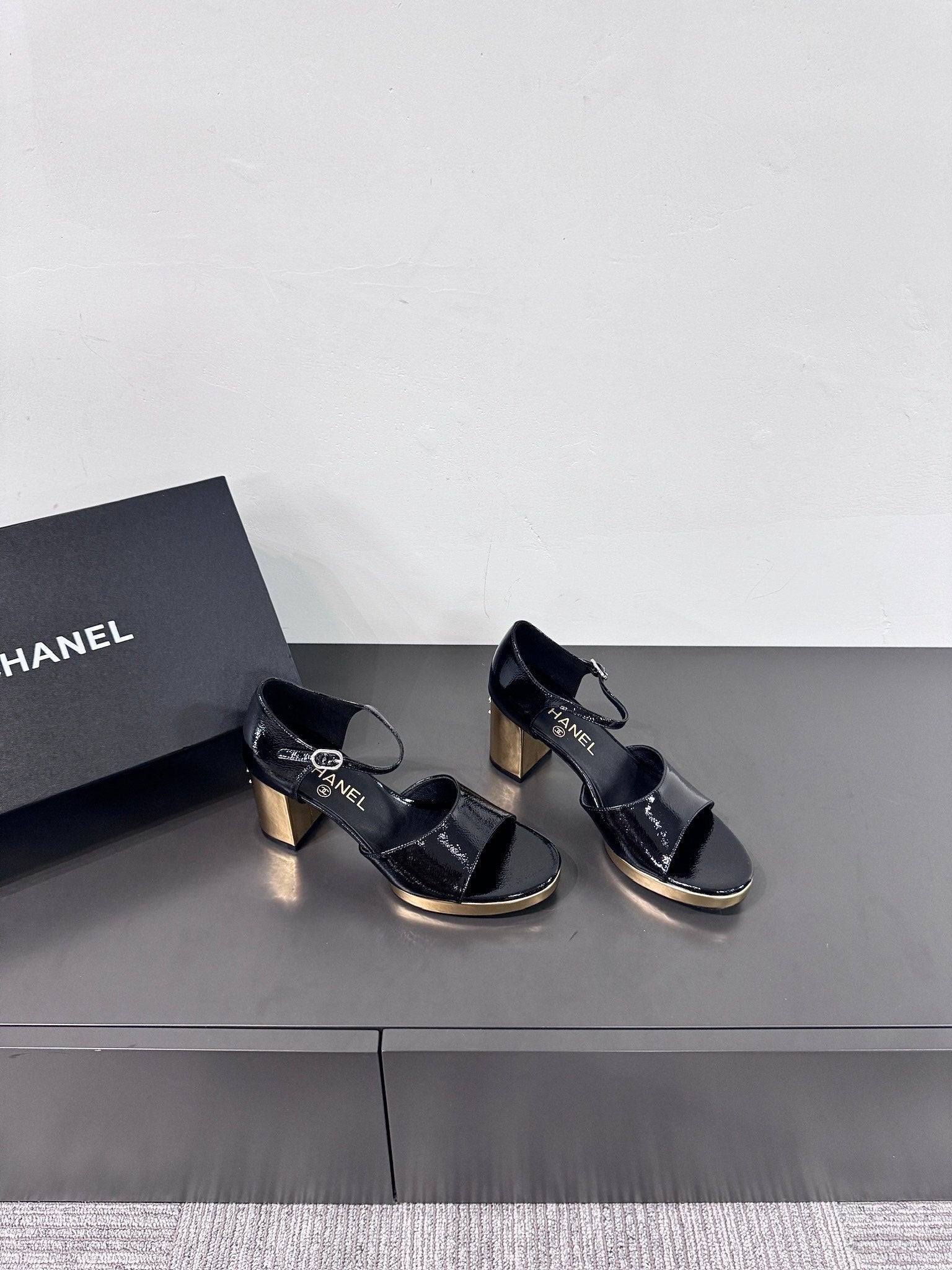 CHANEL BLOCK HEEL SANDALS BLACK SHEEPSKIN