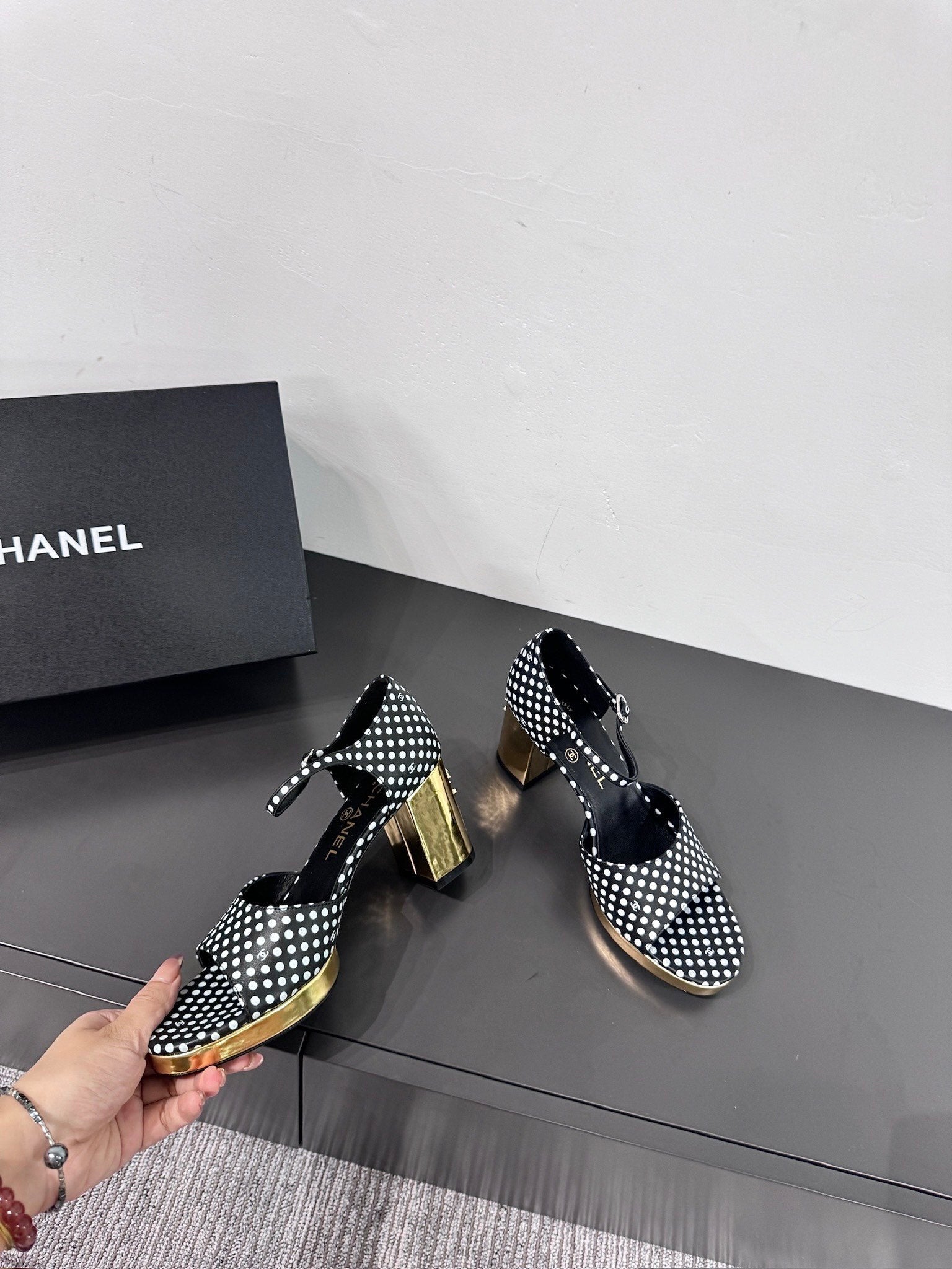 CHANEL BLOCK HEEL SANDALS BLACK POLKA DOT SHEEPSKIN