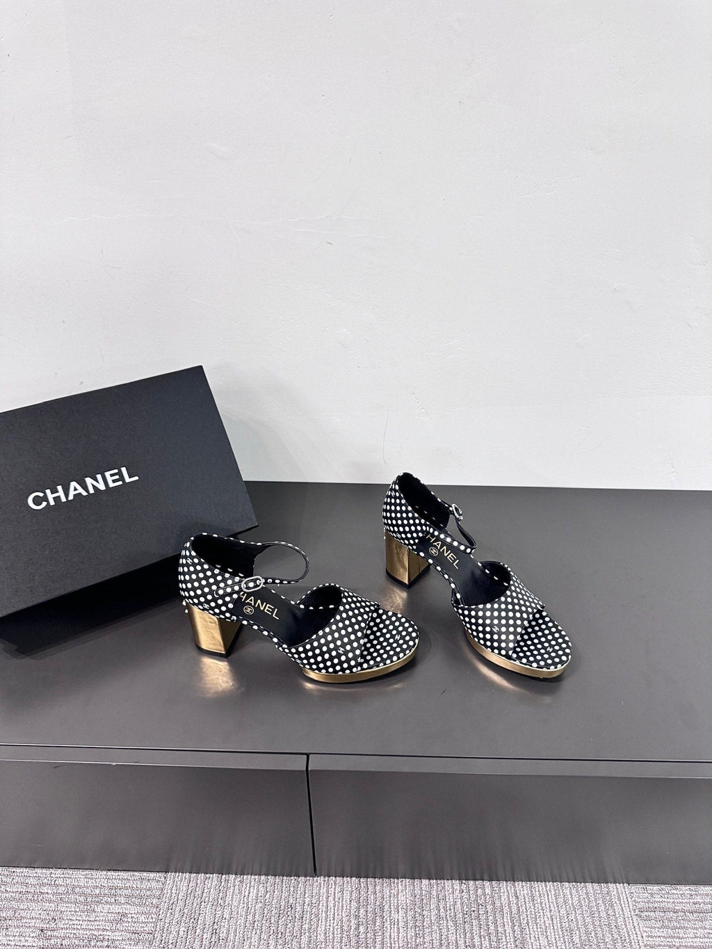 CHANEL BLOCK HEEL SANDALS BLACK POLKA DOT SHEEPSKIN