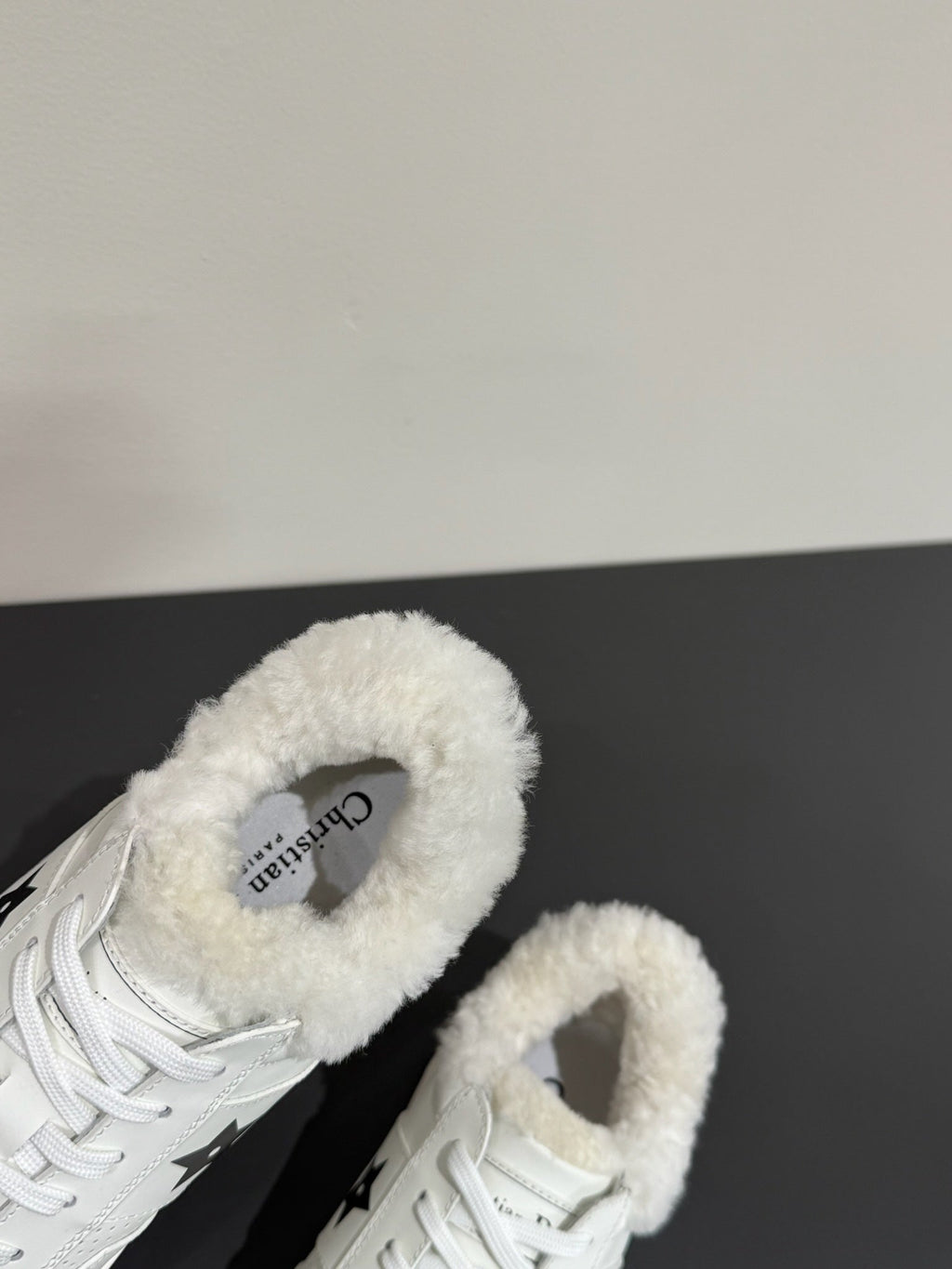 DIOR BLACK STAR SNEAKER WHITE CALFSKIN AND SUEDE CALFSKIN WITH SHEARLING LINING