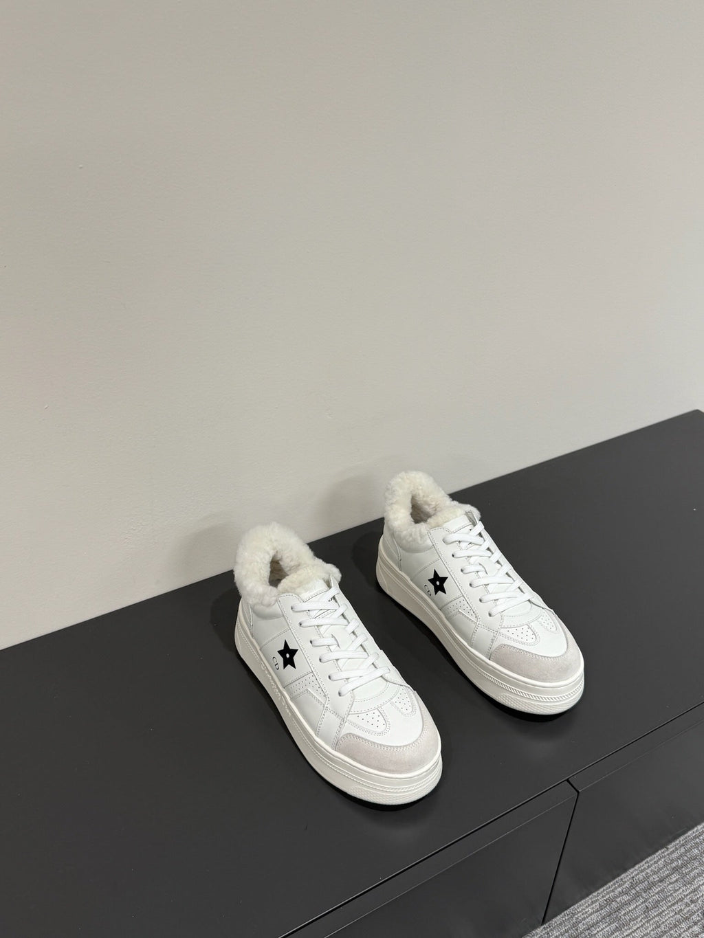 DIOR BLACK STAR SNEAKER WHITE CALFSKIN AND SUEDE CALFSKIN WITH SHEARLING LINING