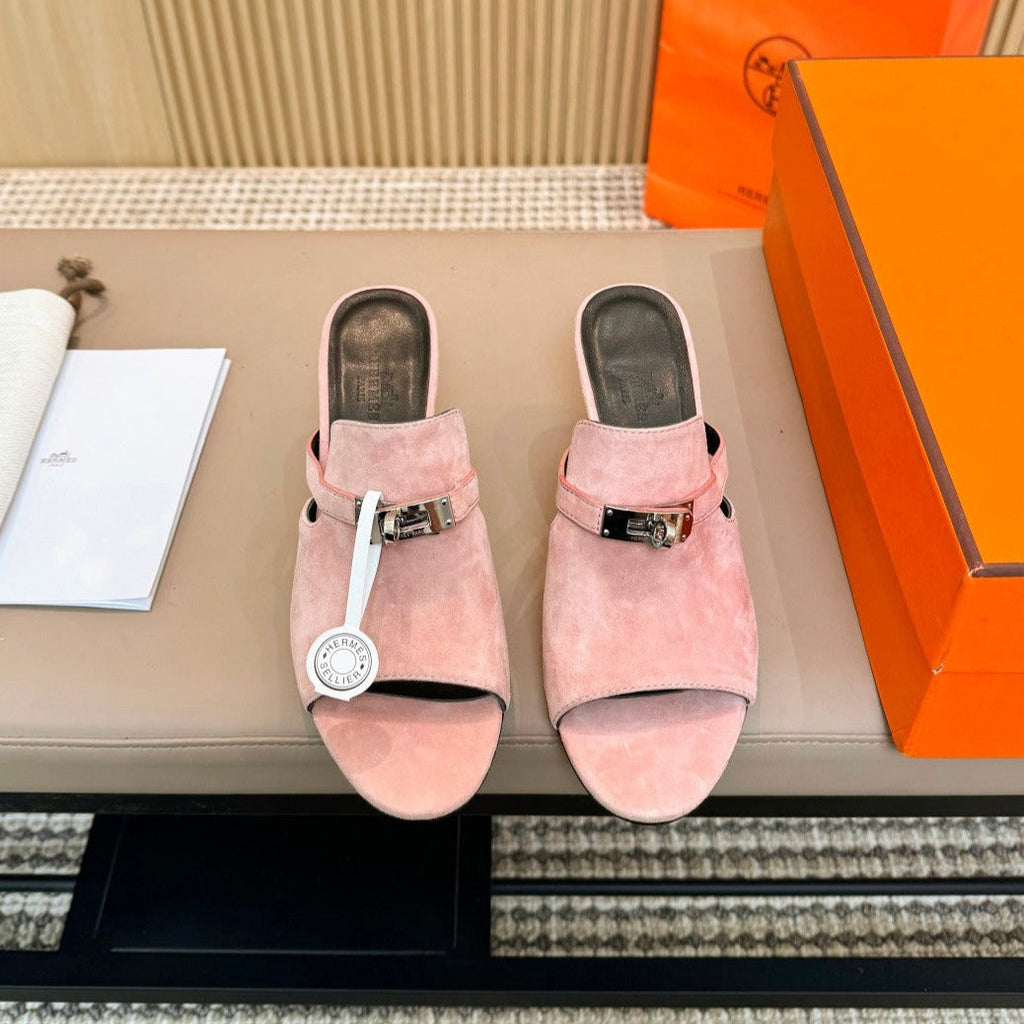 HERMES HEDEN MULE 80 LIGHT PINK SUEDE
