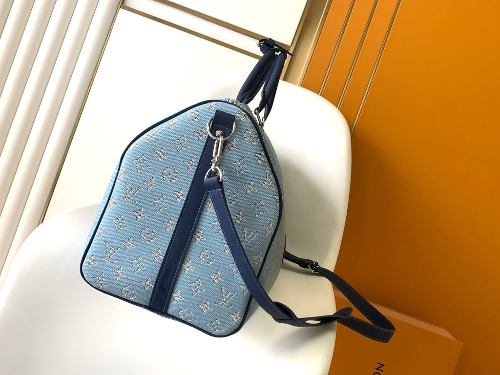 LOUIS VUITTON LV 25S KEEPALL BANDOULIÈRE BAG 50 IN BLUE MONOGRAM HERITAGE CALFSKIN