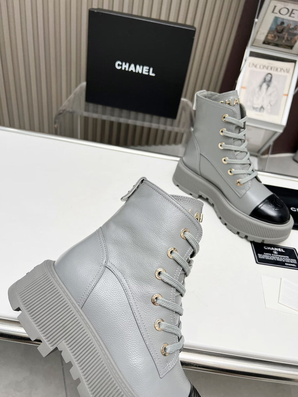 CHANEL SHORT BOOTS IN SLATE GREY MIX BLACK COWHIDE
