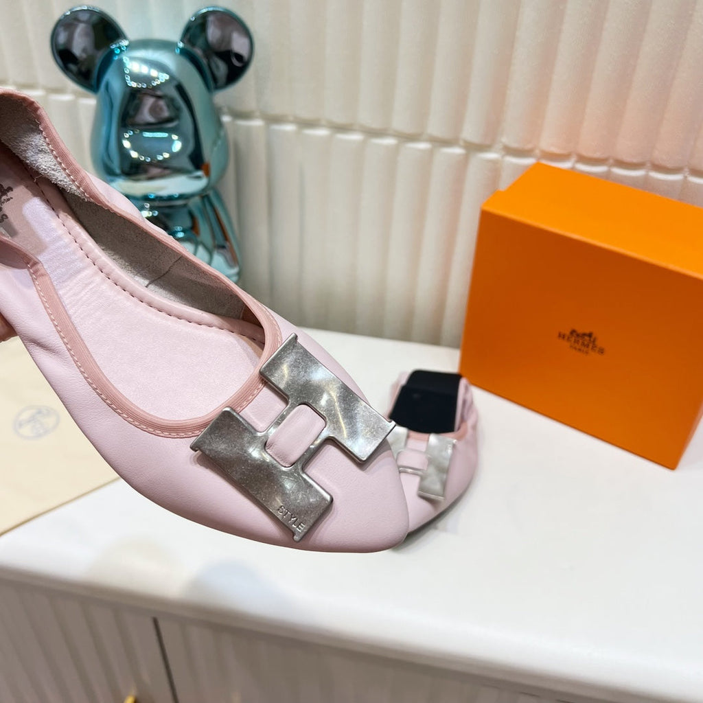 HERMES H-BUCKLE BALLLET FLAT LIGHT PINK CALFSKIN
