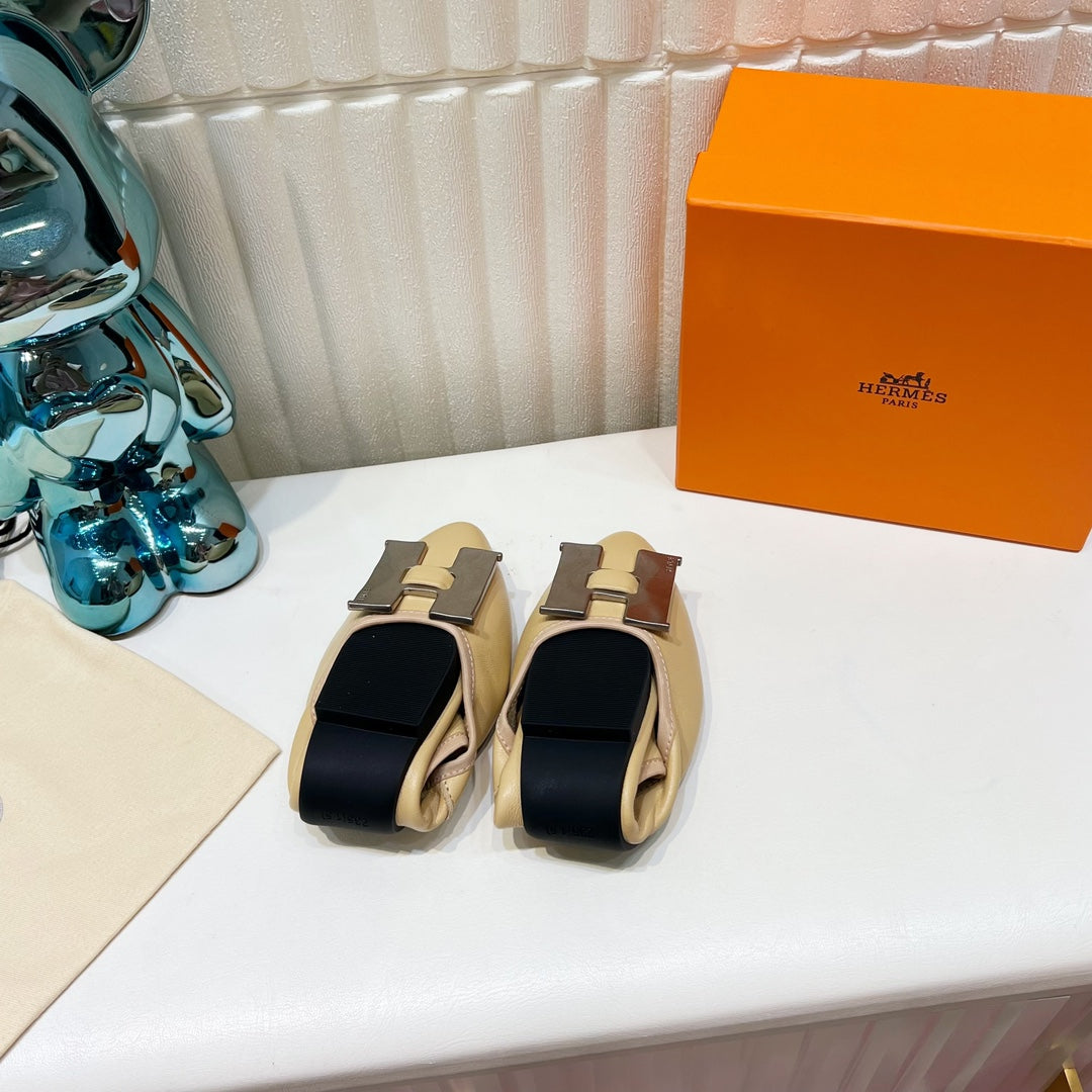 HERMES H-BUCKLE BALLLET FLAT BEIGE CALFSKIN