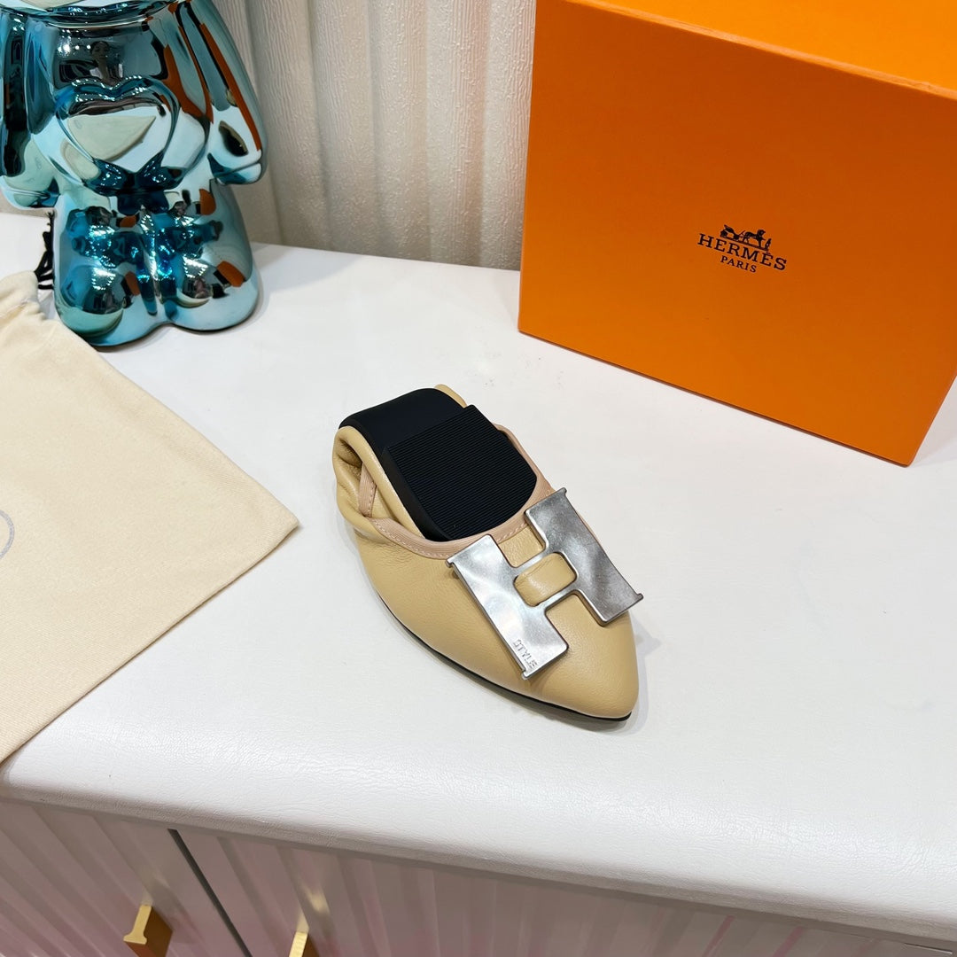 HERMES H-BUCKLE BALLLET FLAT BEIGE CALFSKIN