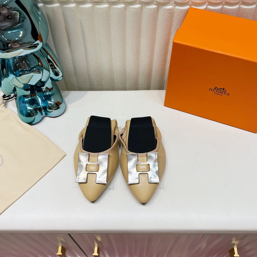 HERMES H-BUCKLE BALLLET FLAT BEIGE CALFSKIN