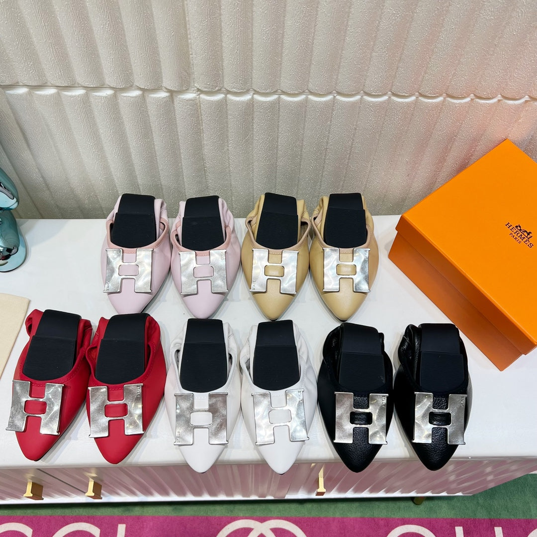 HERMES H-BUCKLE BALLLET FLAT BLACK CALFSKIN
