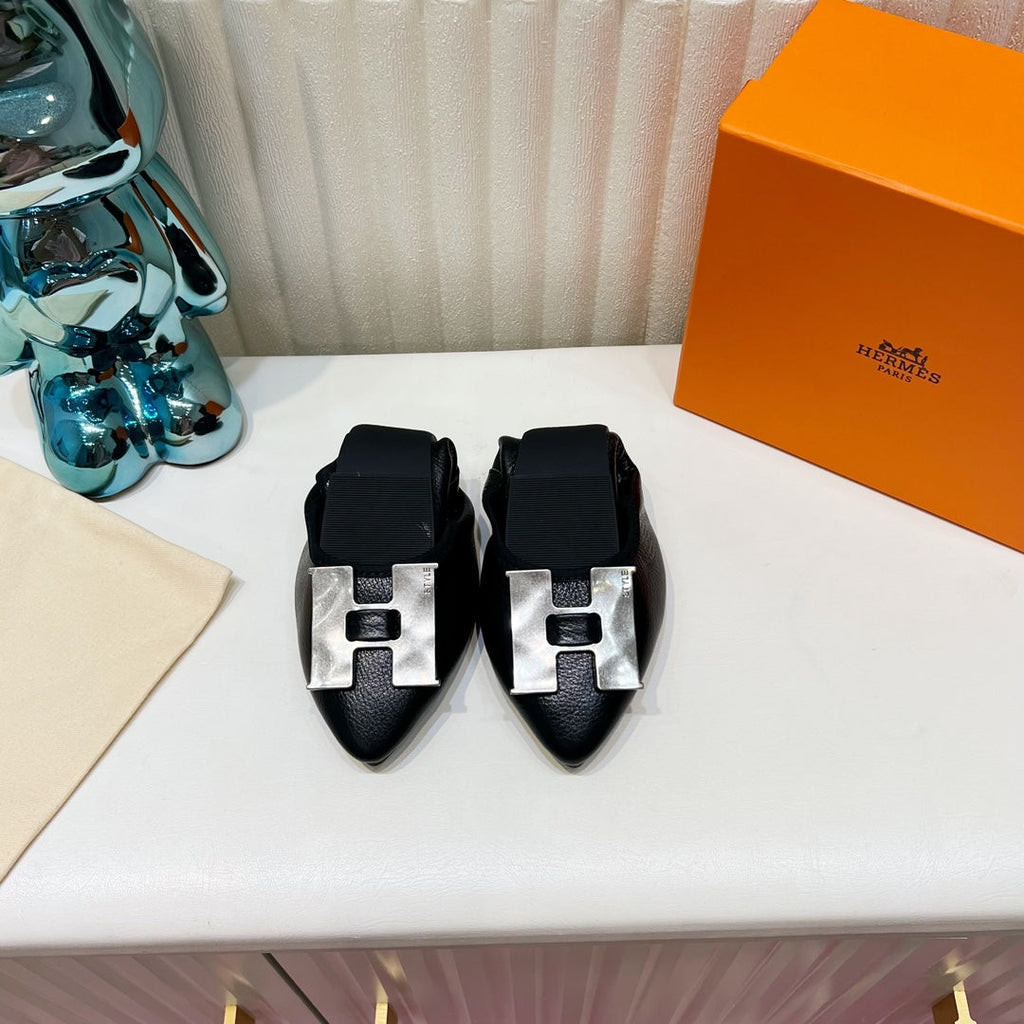 HERMES H-BUCKLE BALLLET FLAT BLACK CALFSKIN