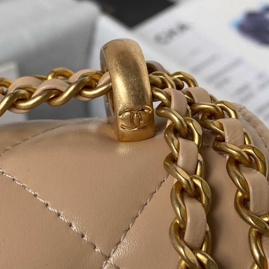 CHANEL MINI 19 FLAP BAG IN DARK BEIGE CALFSKIN GOLD HARDWARE