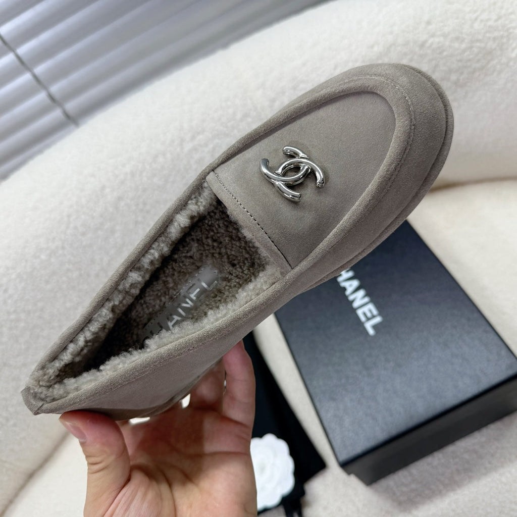 CHANEL LOAFER IN SMOKE GRAY SUEDE AND WOOL LINING