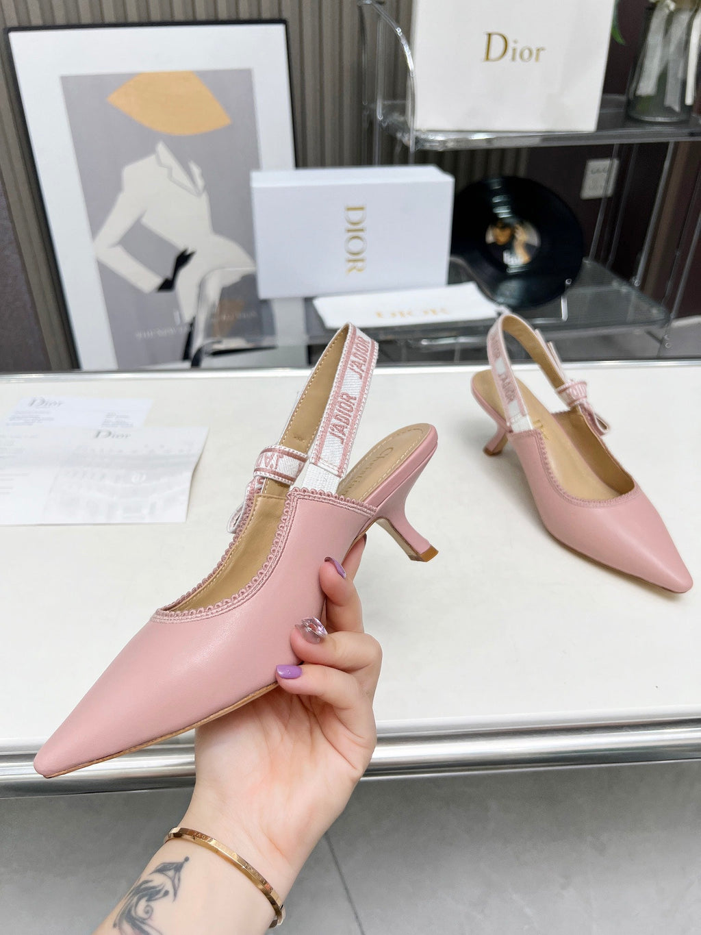 DIOR J'A SLINGBACK PUMP LIGHT PINK CALFSKIN AND EMBROIDERED FABRIC 65 MM