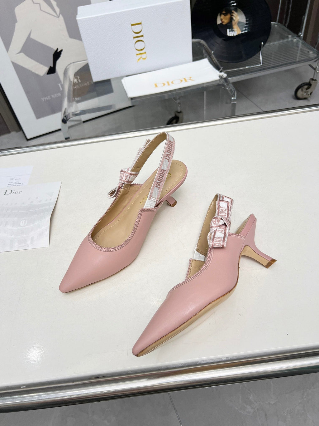 DIOR J'A SLINGBACK PUMP LIGHT PINK CALFSKIN AND EMBROIDERED FABRIC 65 MM