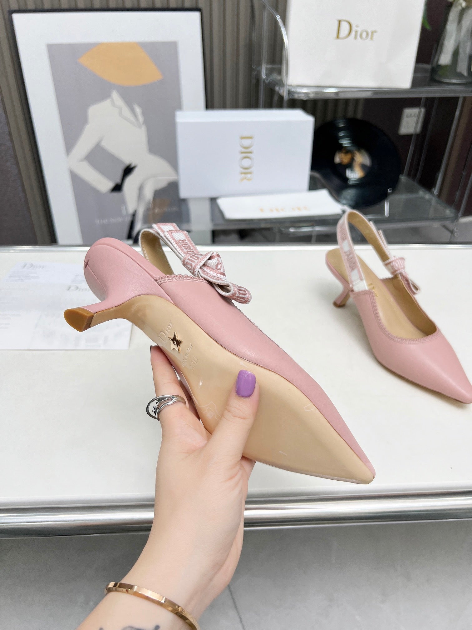 DIOR J'A SLINGBACK PUMP LIGHT PINK CALFSKIN AND EMBROIDERED FABRIC 65 MM