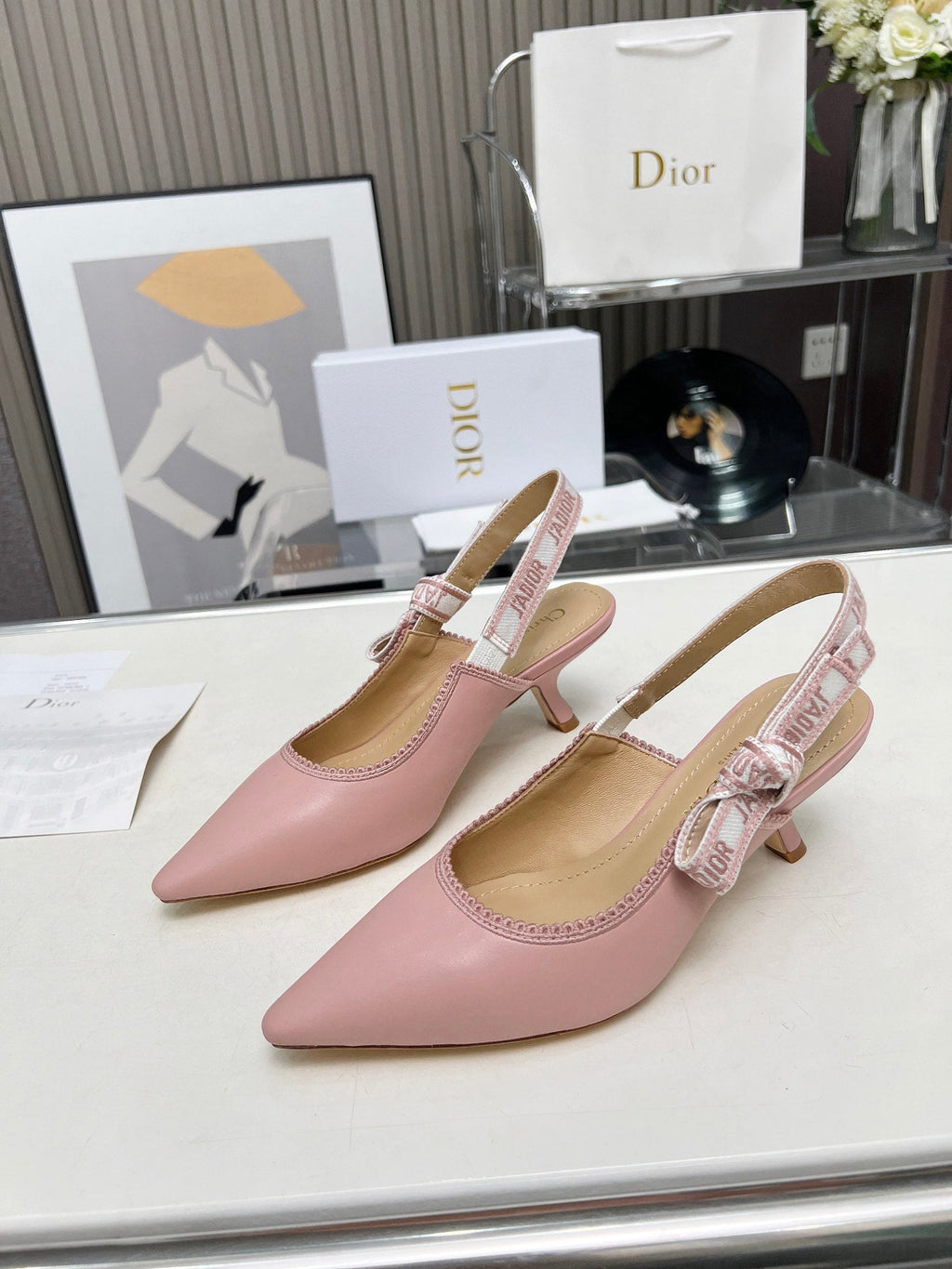 DIOR J'A SLINGBACK PUMP LIGHT PINK CALFSKIN AND EMBROIDERED FABRIC 65 MM