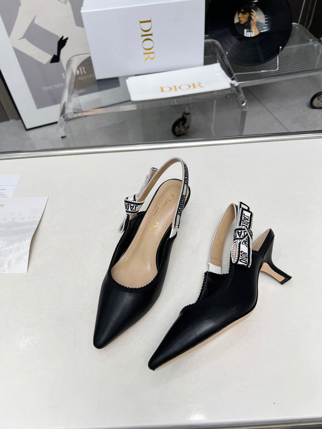DIOR J'A SLINGBACK PUMP BLACK CALFSKIN AND EMBROIDERED FABRIC 65 MM
