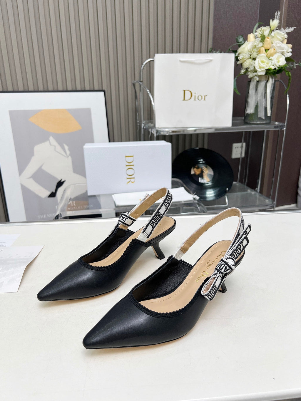 DIOR J'A SLINGBACK PUMP BLACK CALFSKIN AND EMBROIDERED FABRIC 65 MM