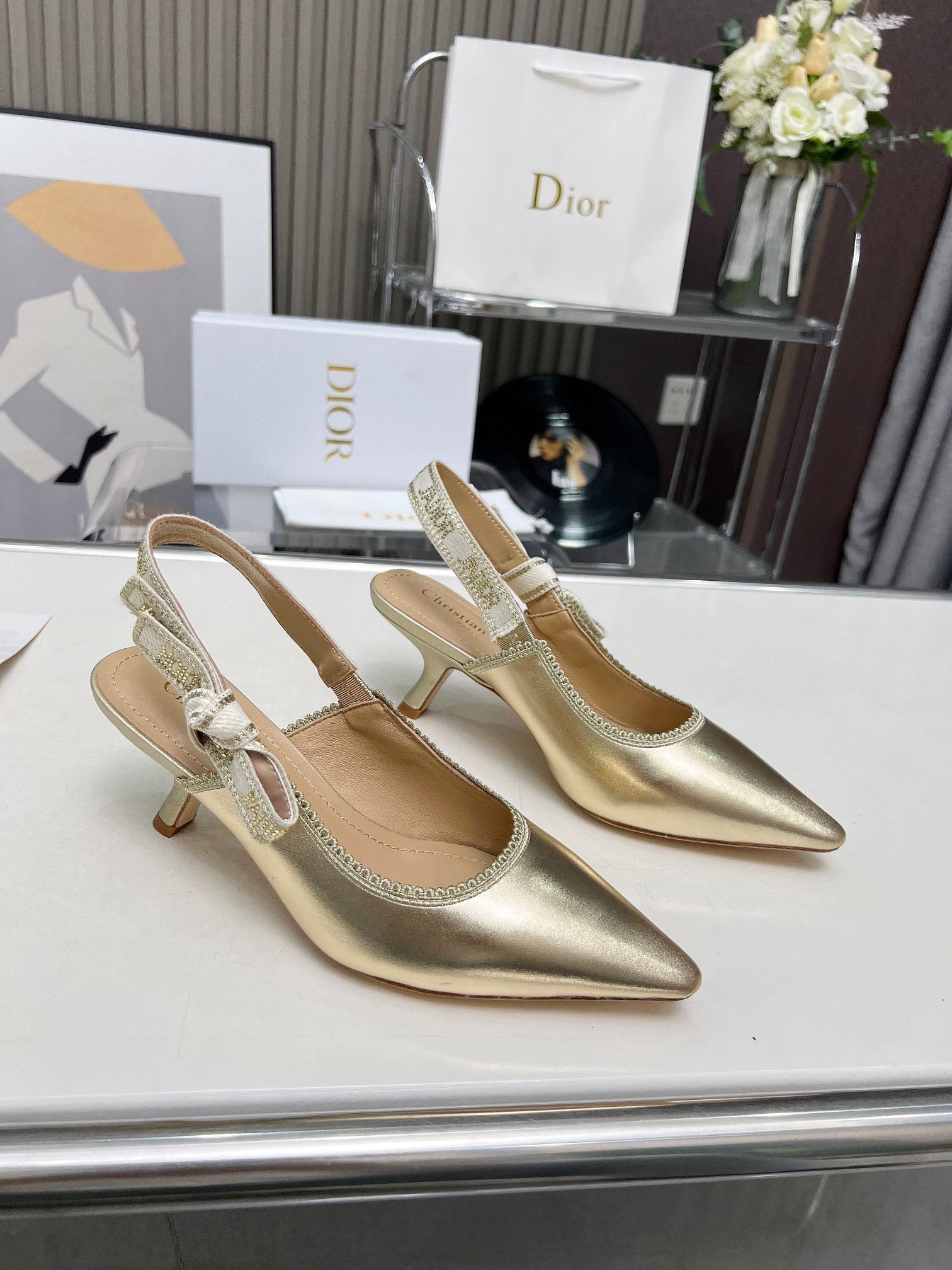 DIOR J'A SLINGBACK PUMP LIGHT GOLD CALFSKIN AND EMBROIDERED FABRIC 65 MM