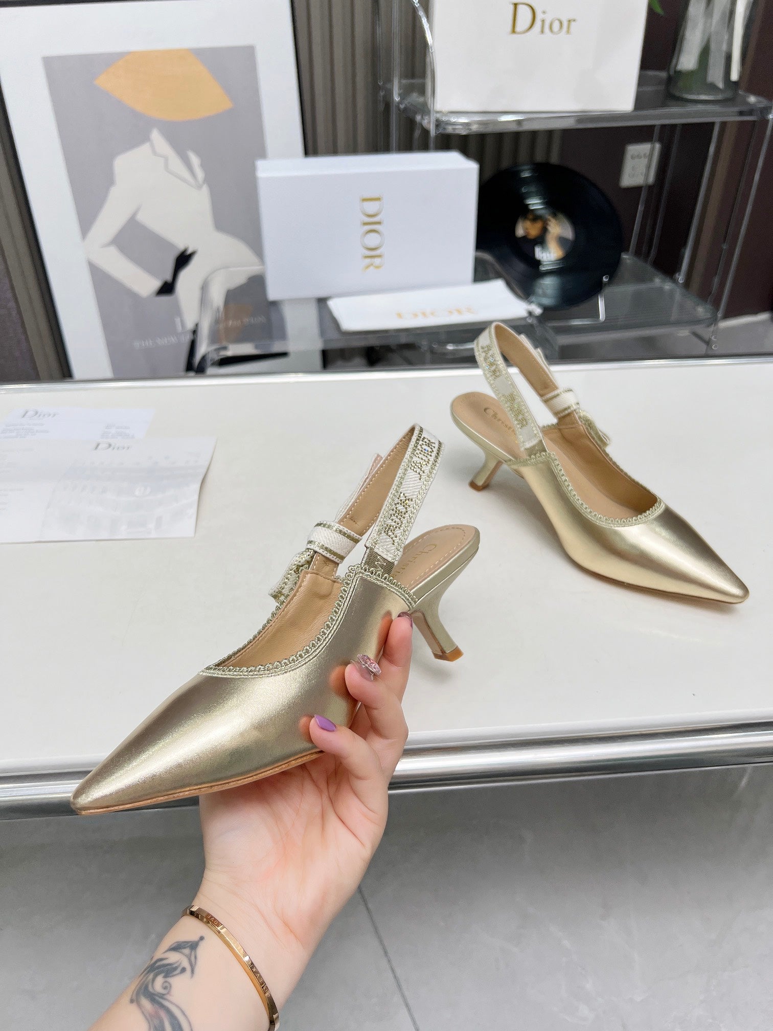 DIOR J'A SLINGBACK PUMP LIGHT GOLD CALFSKIN AND EMBROIDERED FABRIC 65 MM