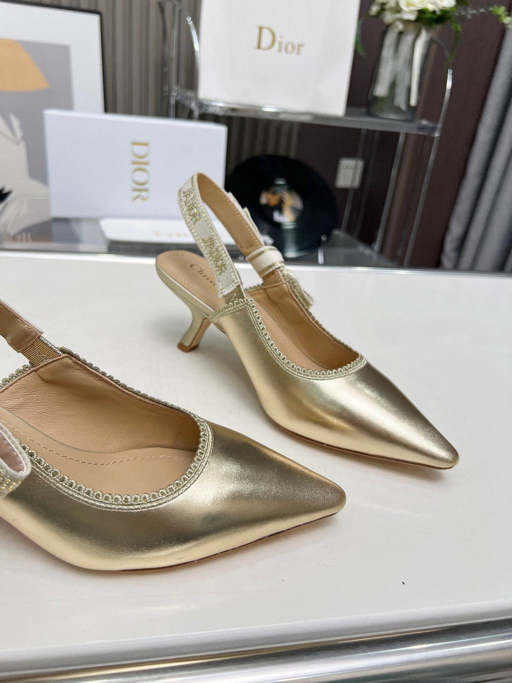 DIOR J'A SLINGBACK PUMP LIGHT GOLD CALFSKIN AND EMBROIDERED FABRIC 65 MM