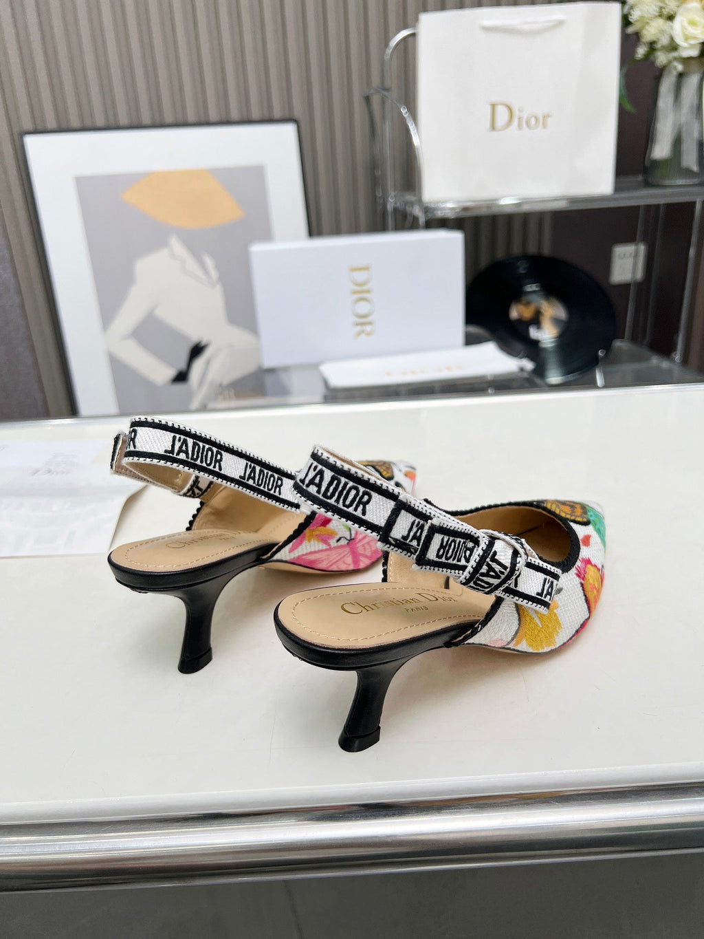 DIOR J'A SLINGBACK PUMP COLORFUL NATURAL RAFFIA AND EMBROIDERED COTTON 65 MM 130844