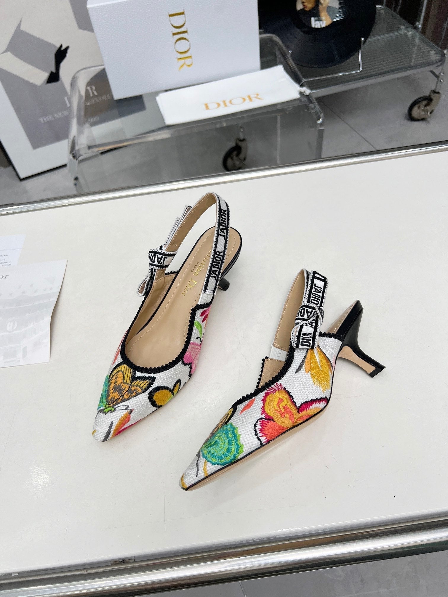 DIOR J'A SLINGBACK PUMP COLORFUL NATURAL RAFFIA AND EMBROIDERED COTTON 65 MM 130844