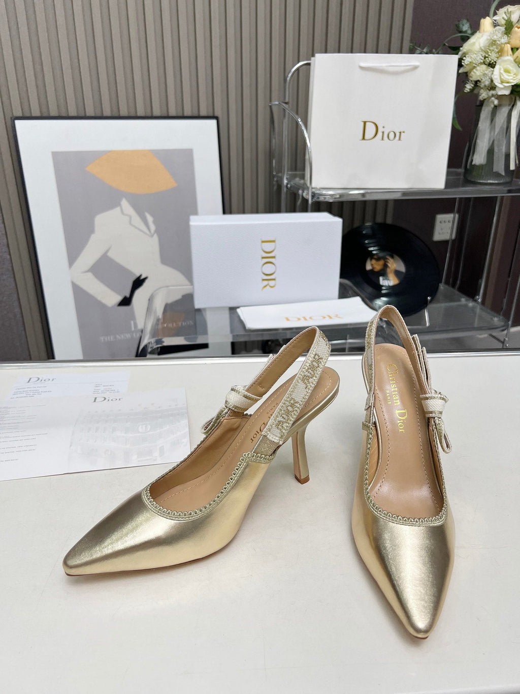 DIOR J'A SLINGBACK PUMP LIGHT GOLD CALFSKIN AND EMBROIDERED FABRIC 10 CM