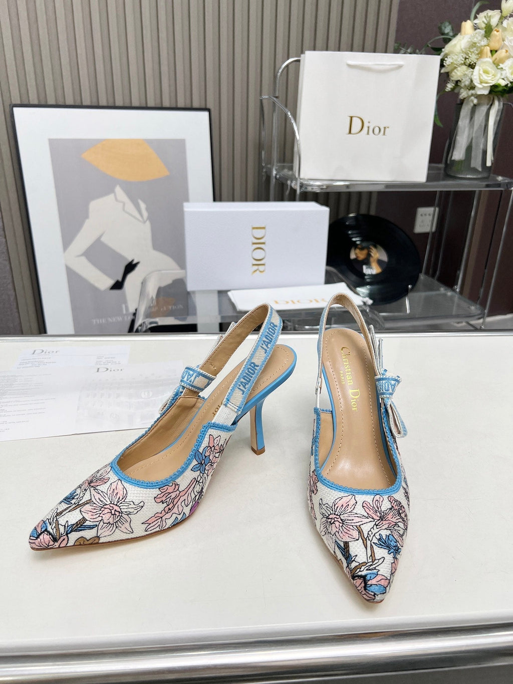 DIOR J'A SLINGBACK PUMP COLORFUL NATURAL RAFFIA AND EMBROIDERED COTTON 10 CM 130858