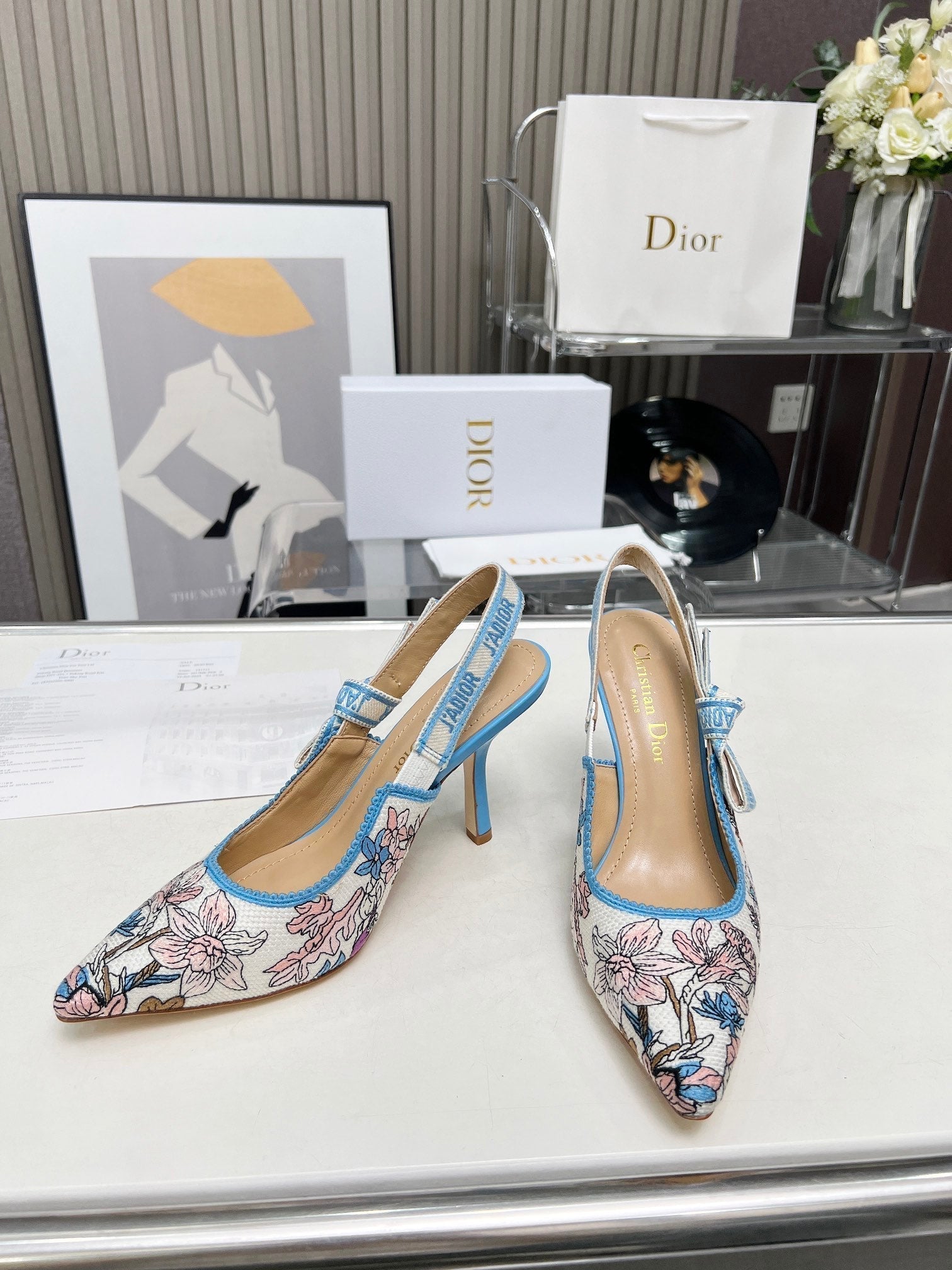 DIOR J'A SLINGBACK PUMP COLORFUL NATURAL RAFFIA AND EMBROIDERED COTTON 10 CM 130858