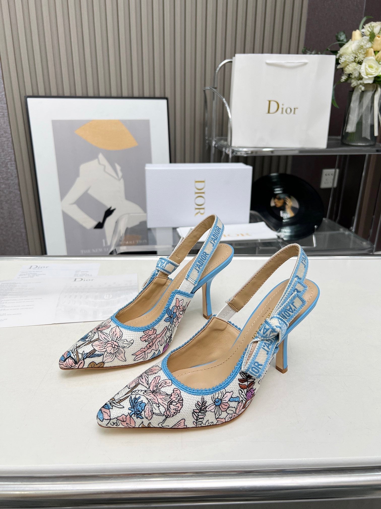 DIOR J'A SLINGBACK PUMP COLORFUL NATURAL RAFFIA AND EMBROIDERED COTTON 10 CM 130858