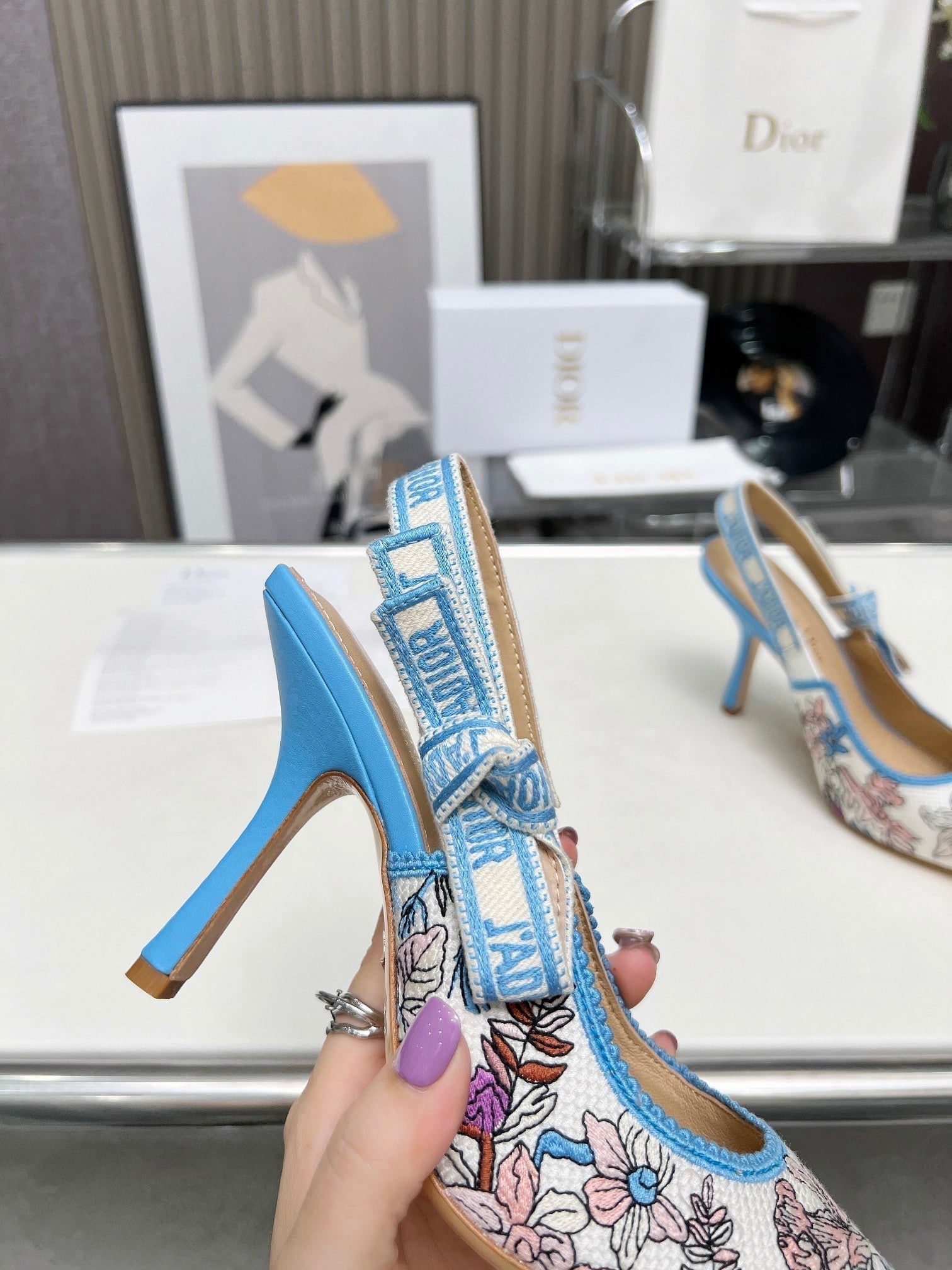 DIOR J'A SLINGBACK PUMP COLORFUL NATURAL RAFFIA AND EMBROIDERED COTTON 10 CM 130858