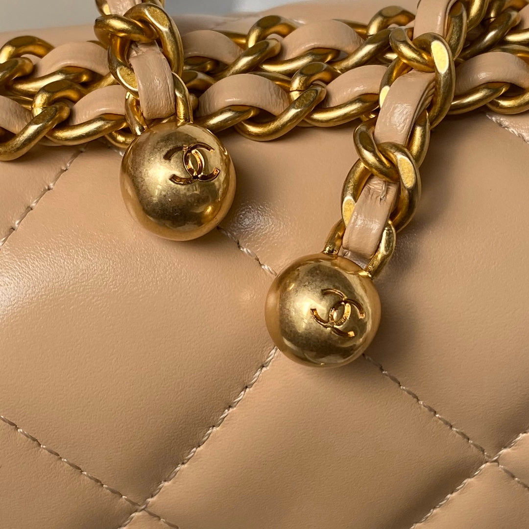 CHANEL 25S MINI FLAP BAG 22 IN TAN BROWN CALFSKIN GOLD HARDWARE