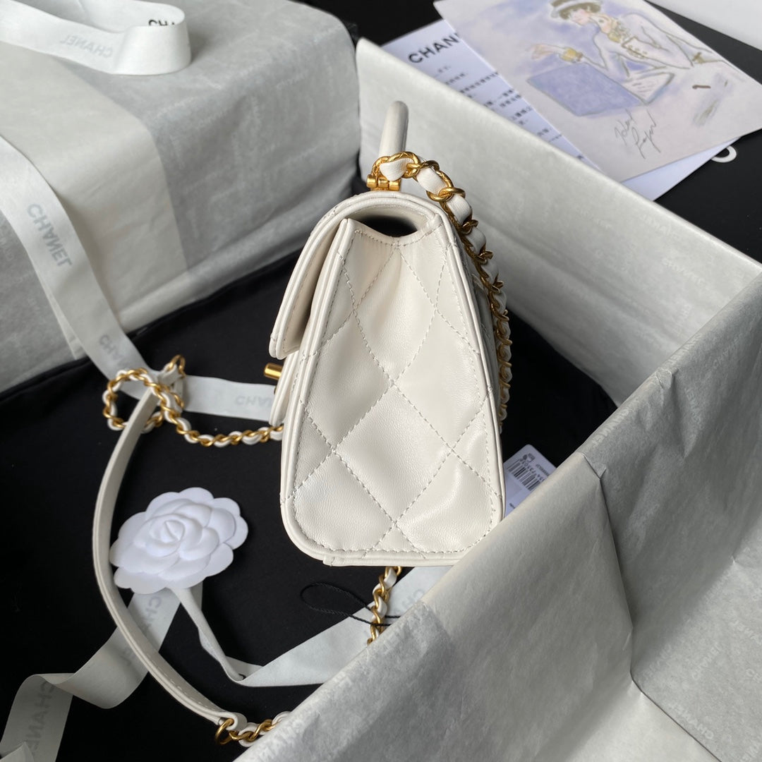 CHANEL 25S FLAP BAG 18 CM IN WHITE LAMBSKIN WITH TOP HANDLE