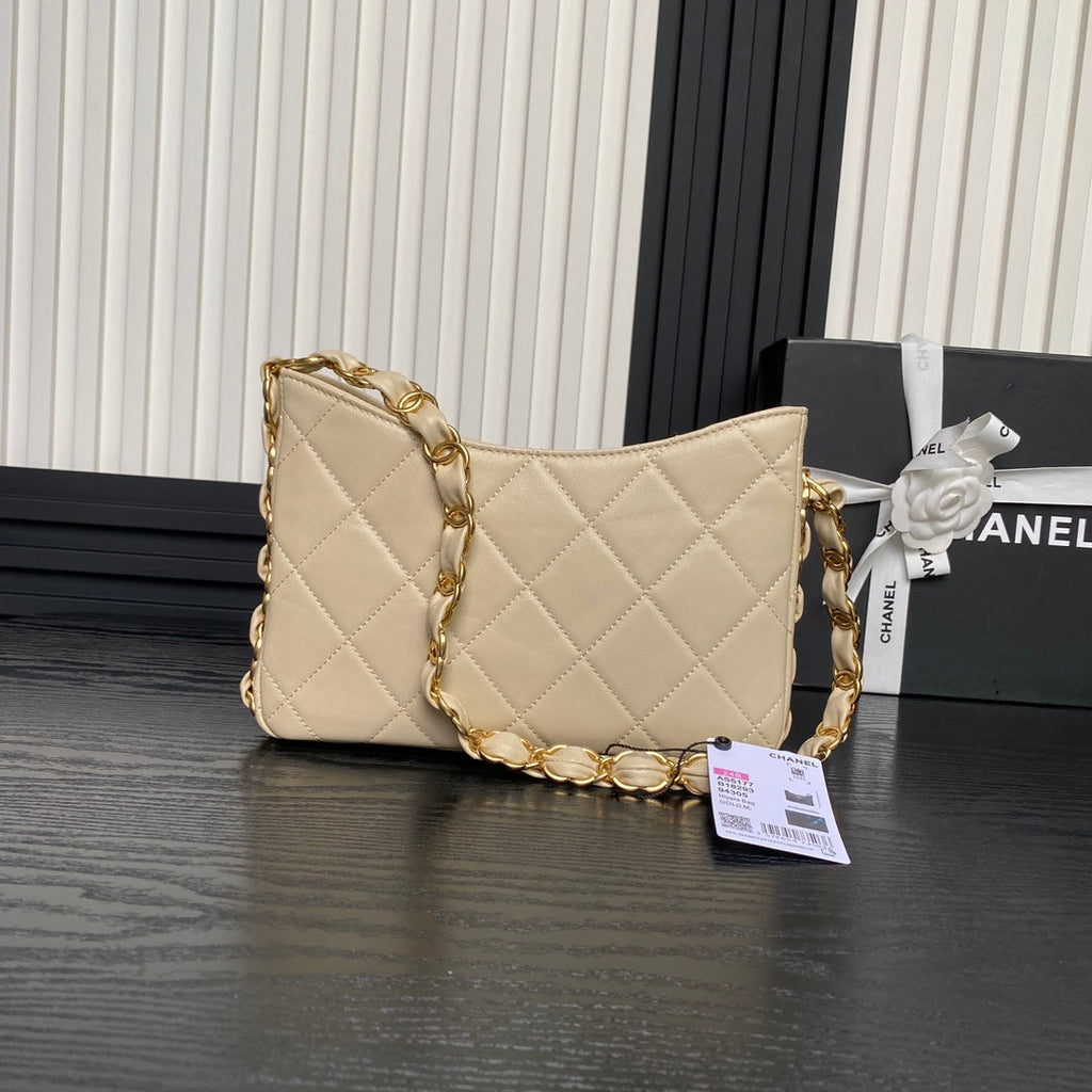 CHANEL HOBO BAG 24 IN BEIGE CALFSKIN GOLD DOUBLE C THICK CHAIN
