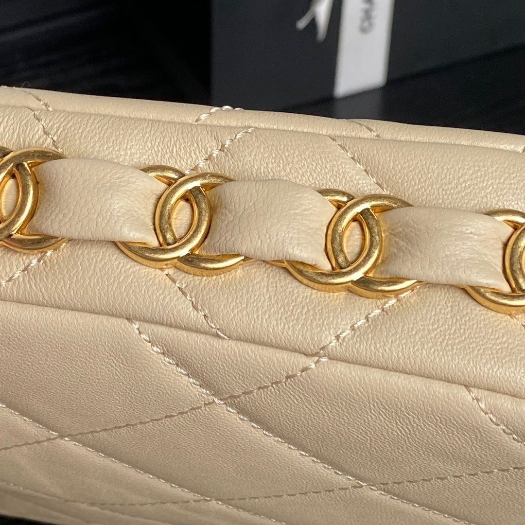 CHANEL HOBO BAG 24 IN BEIGE CALFSKIN GOLD DOUBLE C THICK CHAIN