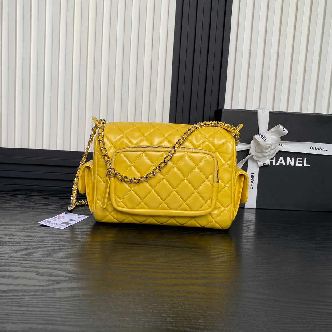 CHANEL CAMERA BAG 24 IN MIMOSA YELLOW SHINY CALFSKIN GOLD CHAIN
