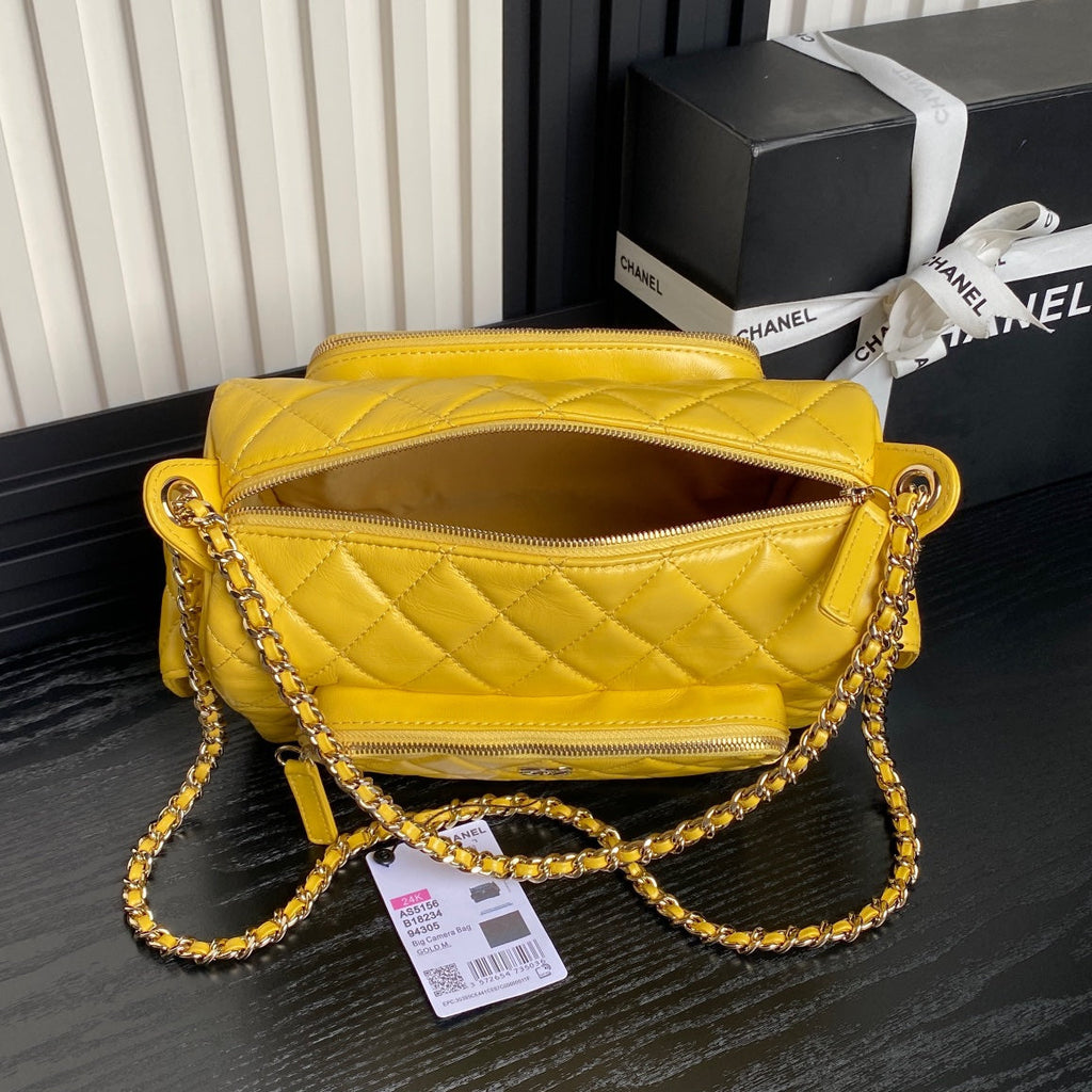 CHANEL CAMERA BAG 24 IN MIMOSA YELLOW SHINY CALFSKIN GOLD CHAIN
