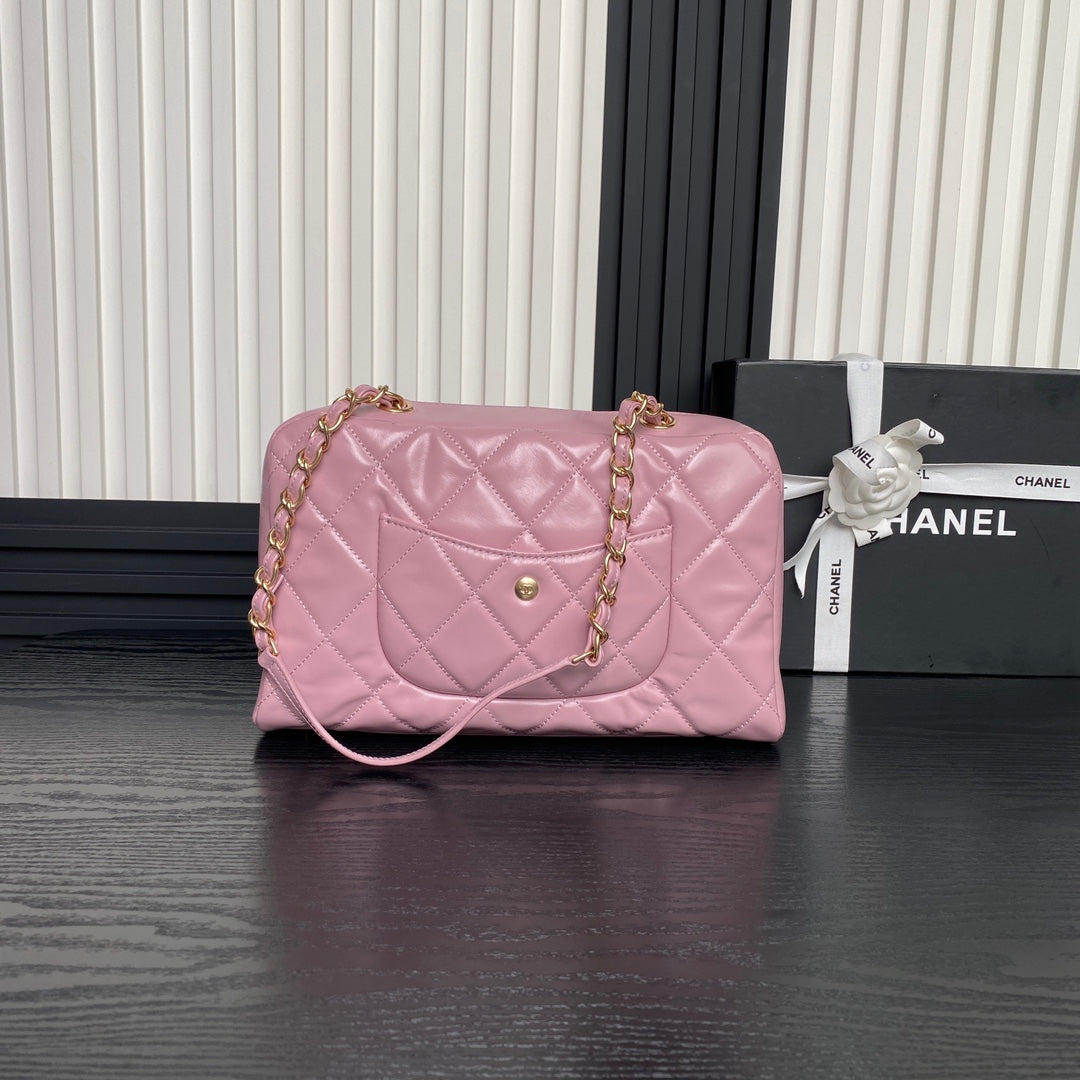 CHANEL BOWLING BAG 29 IN BABY PINK CALFSKIN GOLD HARDWARE