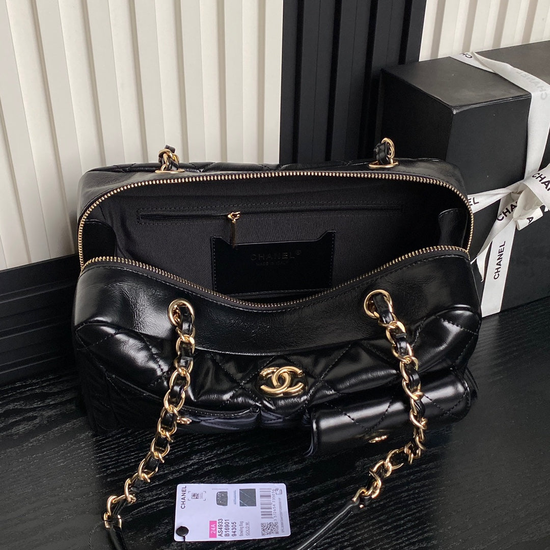 CHANEL BOWLING BAG 29 IN BLACK SHINY CALFSKIN GOLD HARDWARE