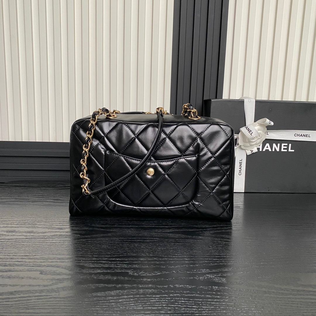 CHANEL BOWLING BAG 29 IN BLACK SHINY CALFSKIN GOLD HARDWARE