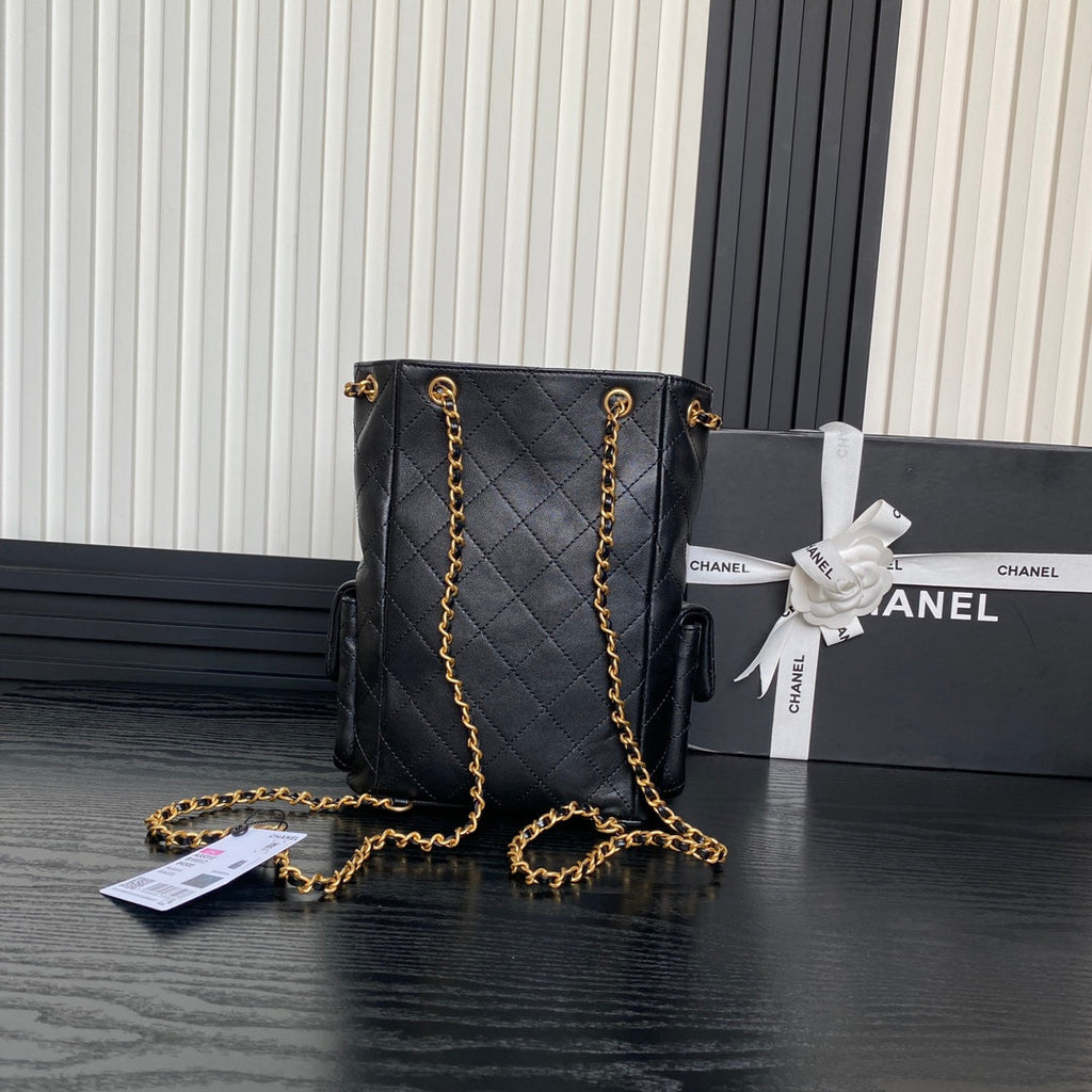 CHANEL BUCKET BACKPACK 24 IN BLACK LAMBSKIN GOLD HARDWARE