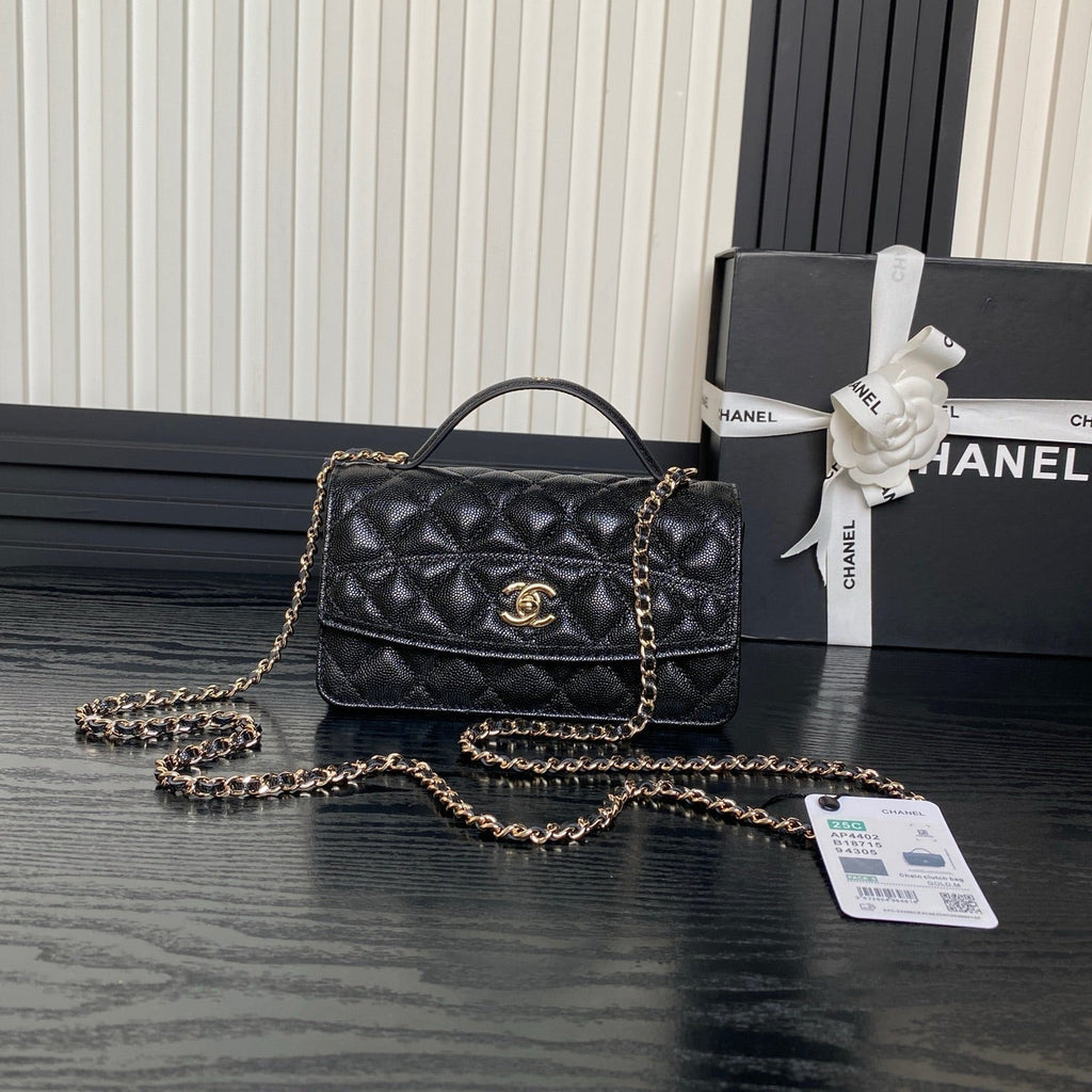 CHANEL 25C FLAP BAG 18 IN BLACK SHINY GRAINED CALFSKIN GOLD HARDWARE