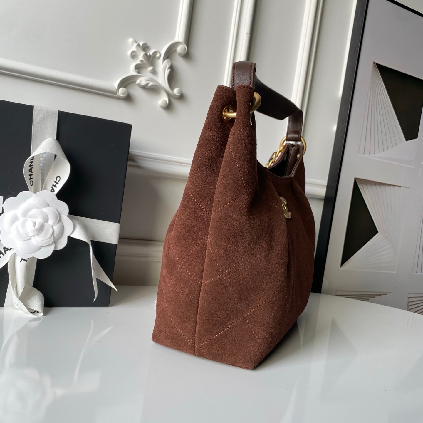 CHANEL 25S HOBO BAG 31 IN DARK BROWN SUEDE WITH GOLD HARDWARE