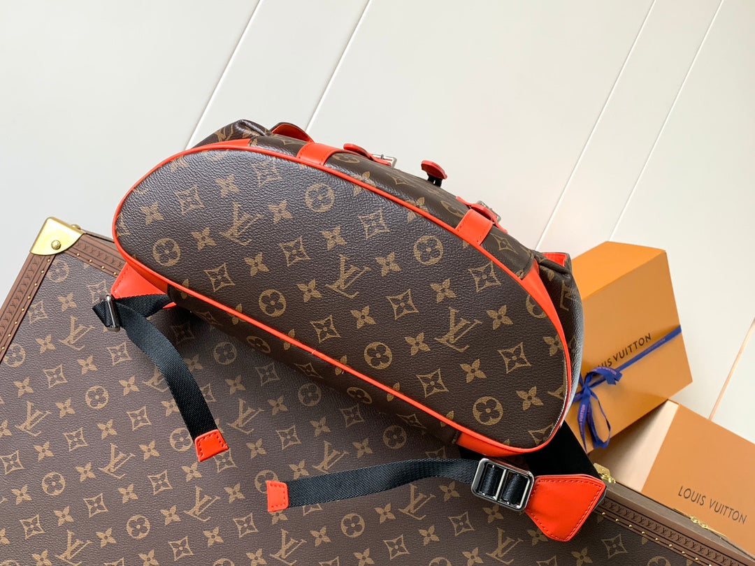 LOUIS VUITTON LV 25S CHRISTOPHER BACKPACK 48 IN BROWN AND VERMILION CANVAS MONOGRAM