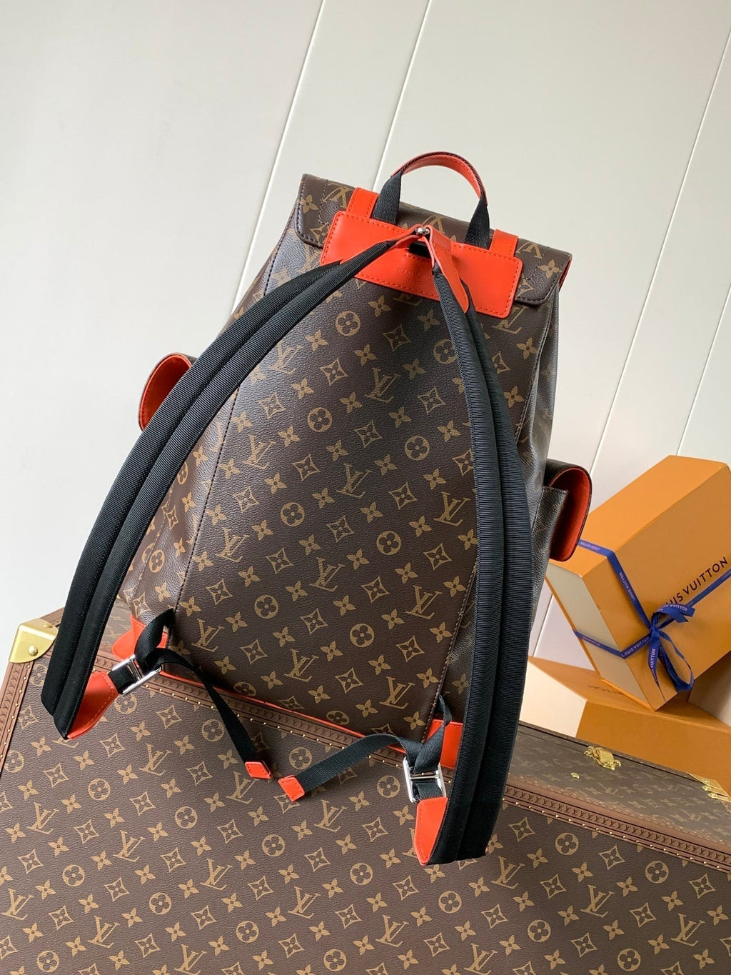 LOUIS VUITTON LV 25S CHRISTOPHER BACKPACK 48 IN BROWN AND VERMILION CANVAS MONOGRAM