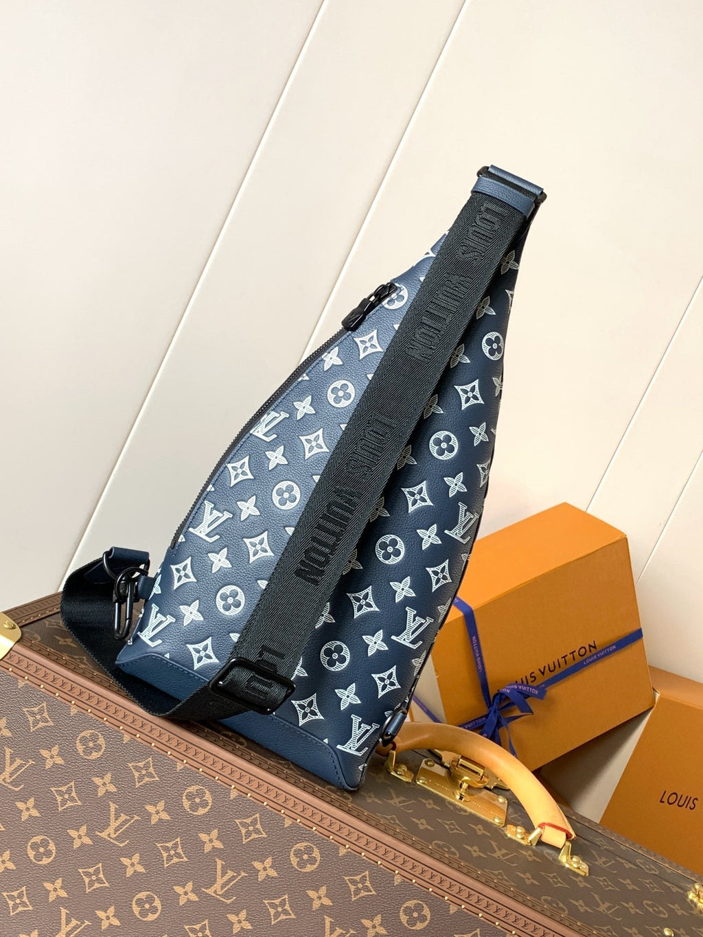 LOUIS VUITTON DUO CROSSBAG BAG 42 IN BLUE AND WHITE MONOGRAM SHADOW COWHIDE