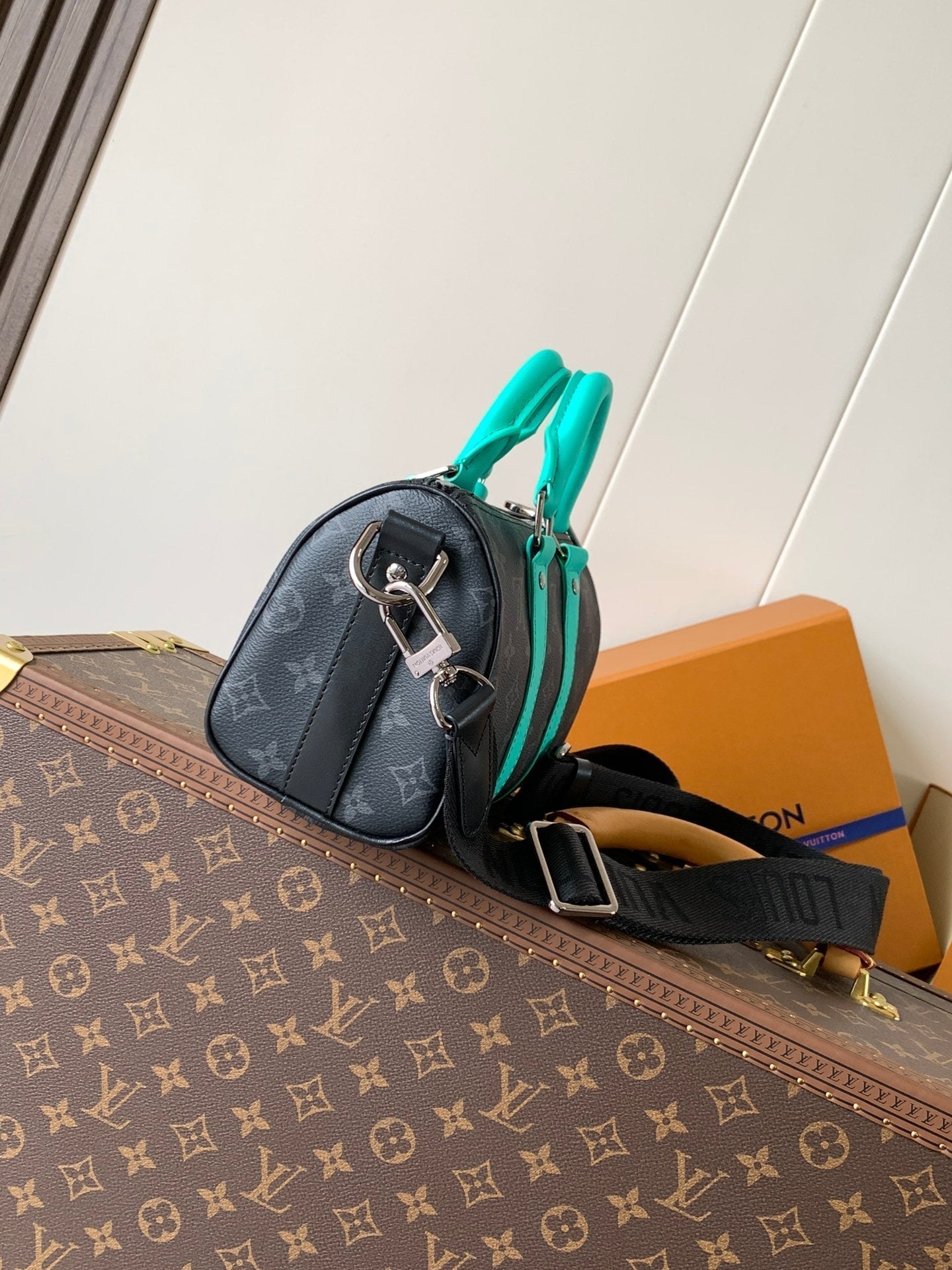 LOUIS VUITTON LV 25S KEEPALL 25 WITH SHOULDER STRAP IN BLACK AQUA COATED MONOGRAM ECLIPSE CANVAS AND CALFSKIN